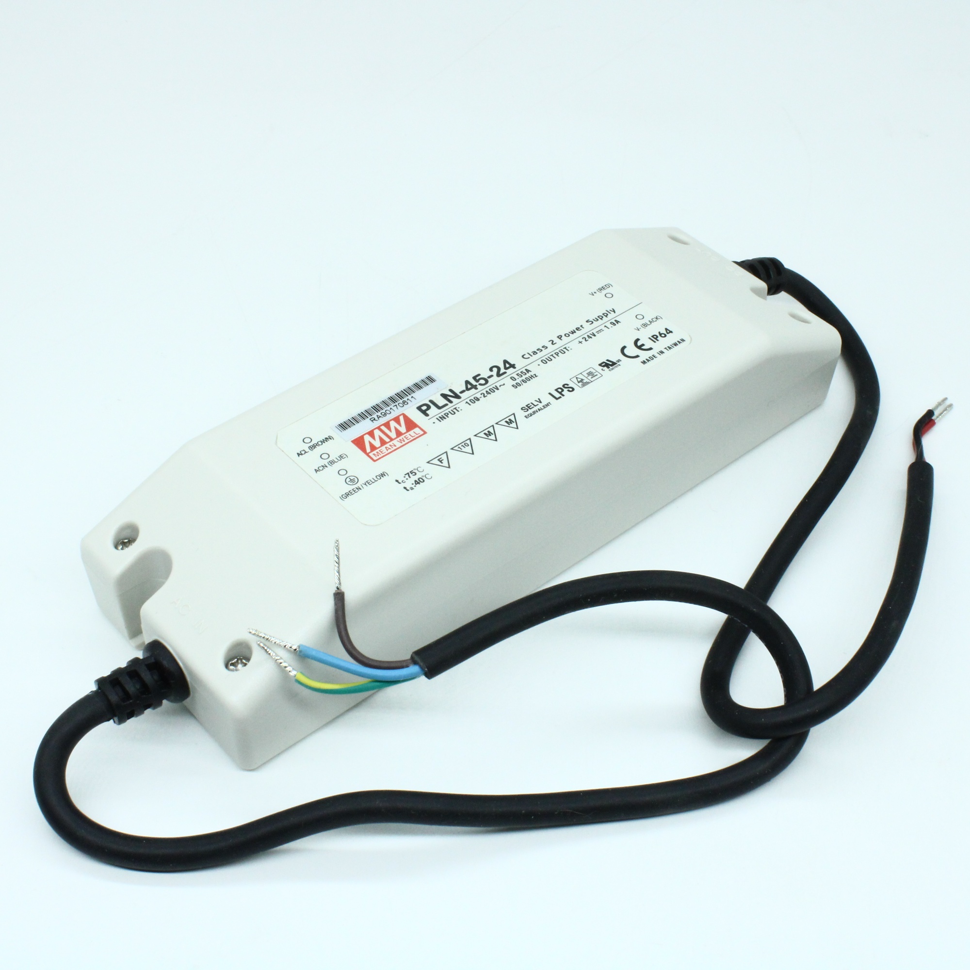 PLN-45-24 - AC-DC led, 46Вт, выход 24В/1.9А,  рег. 24...26В/рег. 3%...-25% ток, стаб. тока/напр., IP64, вход 90…264В AC, 47…63Гц , PFC, изоляция 3750В AC, в кожухе 181х61,5х35мм, -30…+50°С, внутр. потенциометр