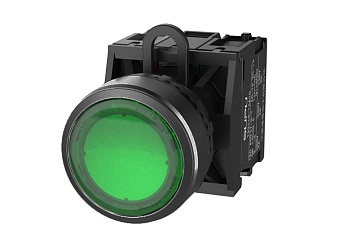 Кнопка плоская (зеленая) TS2011-0AM20 - Кнопка круглая плоская, без блокировки, с подсветкой, пластиковое переднее кольцо, без контактной группы, диаметр головки кнопки 29,5 мм, диаметр посадочного отверстия: 22 мм, цвет: зеленый