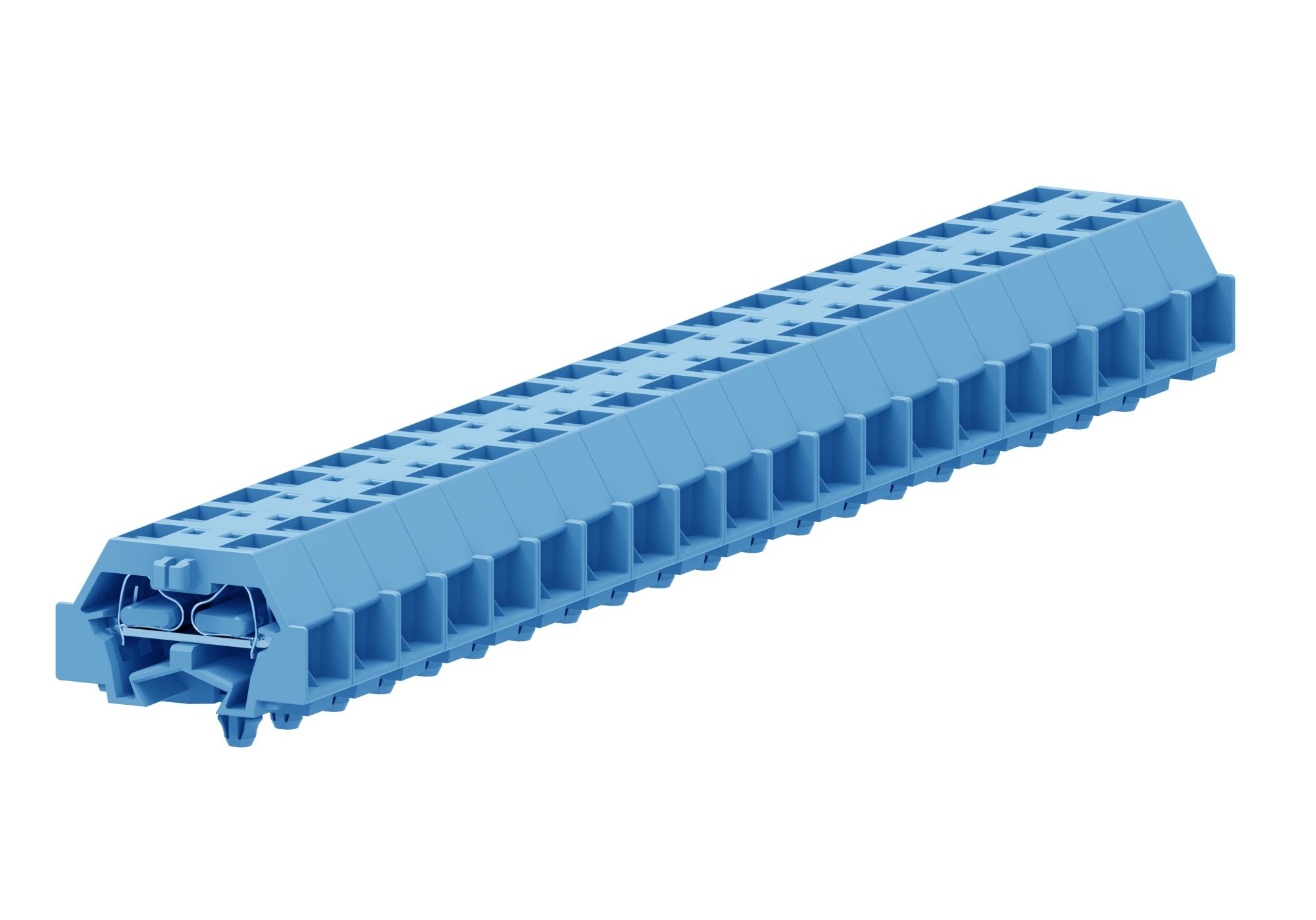 Клемма мини 241344 - Мини клемма, боковой подвод кабеля, 4 точки подключения в клемме, тип фиксации провода: пружинный, номинальное сечение: 2,5 мм кв., 24A, 500V, цвет: синий, тип монтажа: защелки в панель