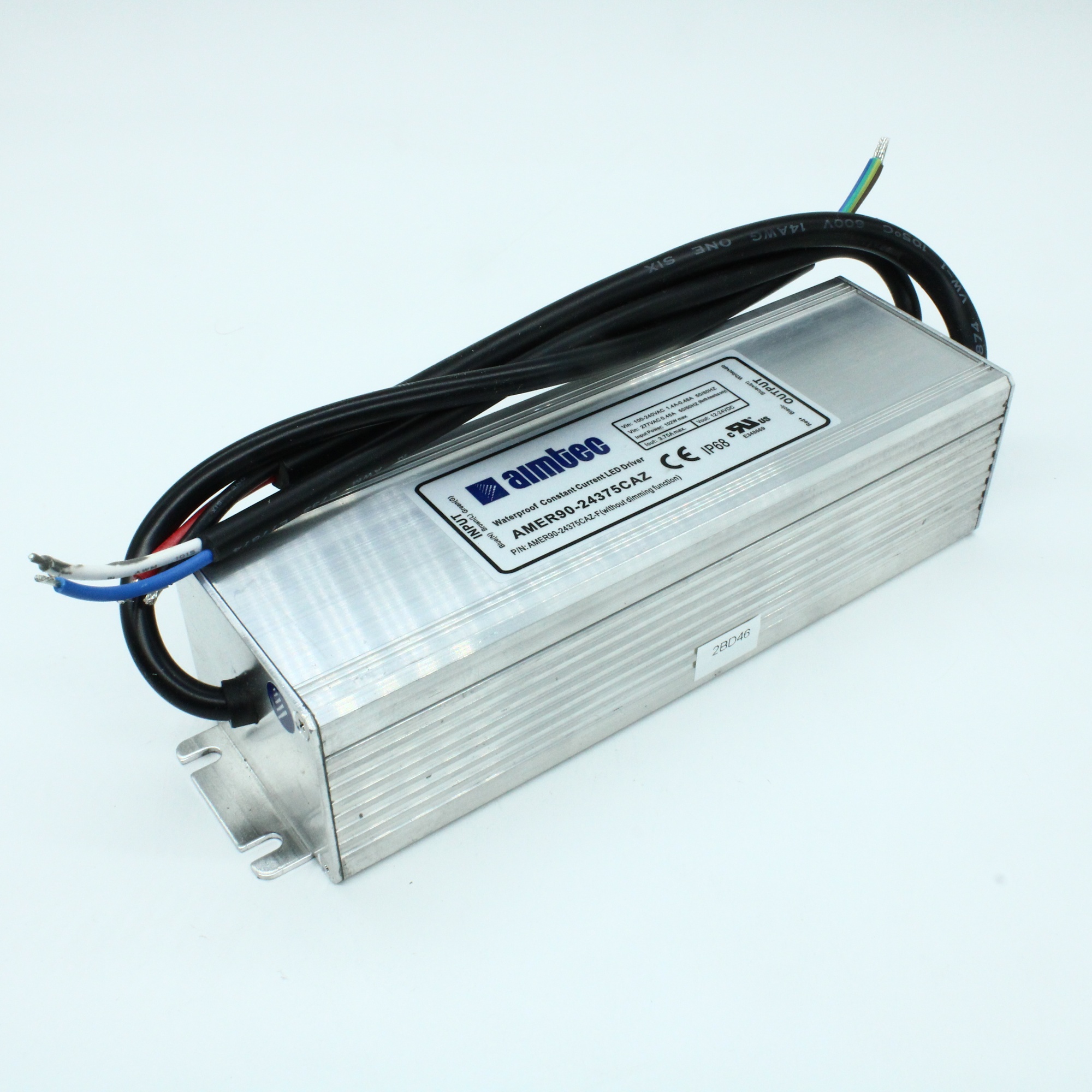 AMER90-24375CAZ - AC-DC led, 90Вт, выход DC 12...24В, Iстаб=3750мА, стаб. тока/стаб.напр., IP68, вход AC 90...305В, DC 120...430В, PFC,  КПД 85%, изоляция 3750В AC, в корпусе, -55...+85°С