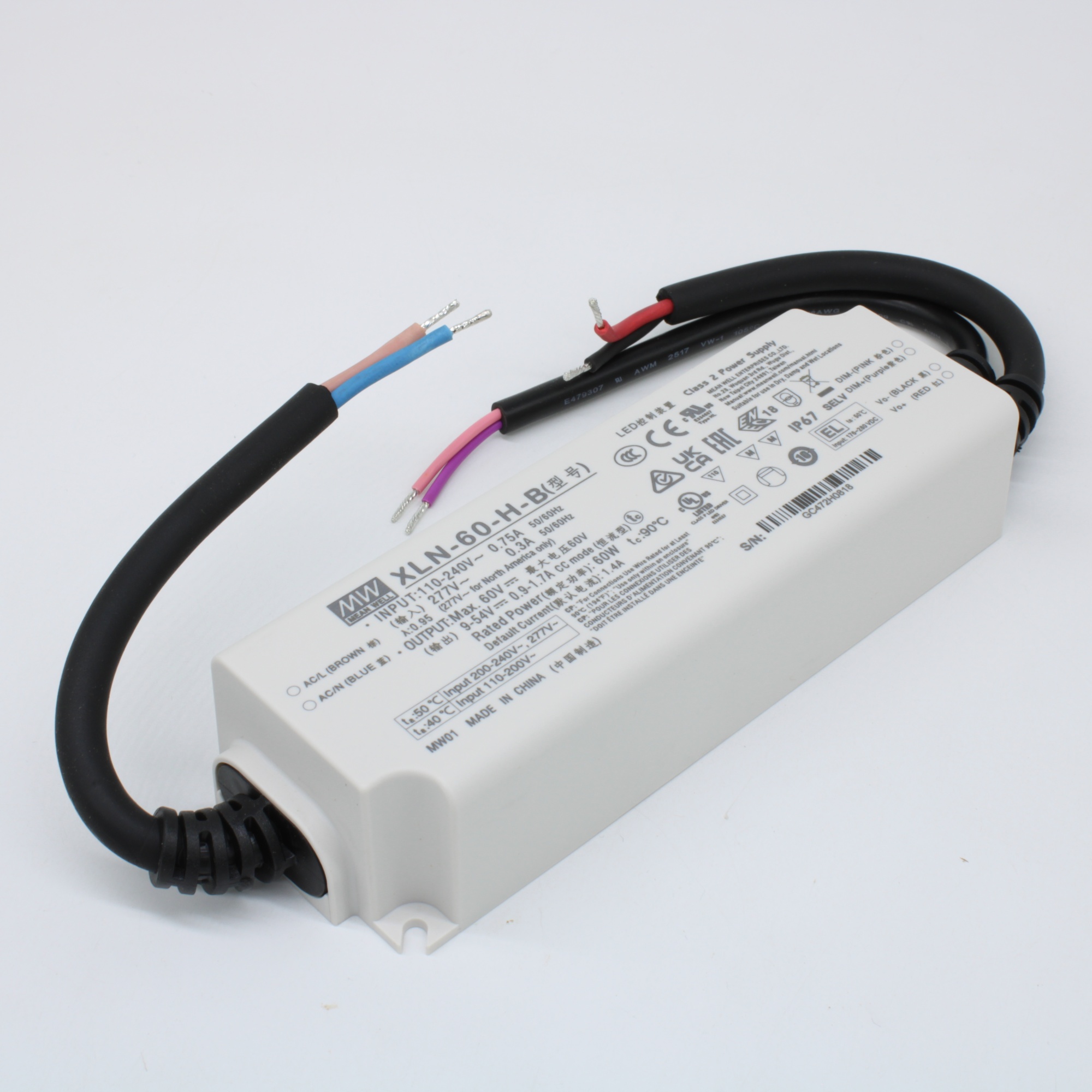XLN-60-H-B - AC-DC LED-драйвер, CC, 40Вт, вход 100…305В AC, 47…63Гц, выход 1400 (900…1700/NFC)мА/9…54В, изоляция 3750В AC, димминг 3 в 1, IP67, 114х44х32мм, -25…+85°С