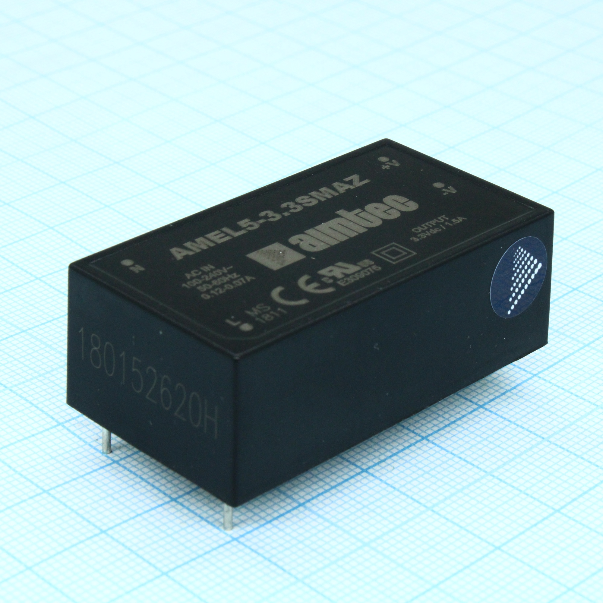 AMEL5-3.3SMAZ - AC/DC, 5Вт, вход 90…264В, выход 3.3В/1.5А, изоляция 4000В AC, КПД 71%, максимальная емкостная нагрузка не более 2200мкФ, 51.5x28x17.8мм, -40…80°C, пластик