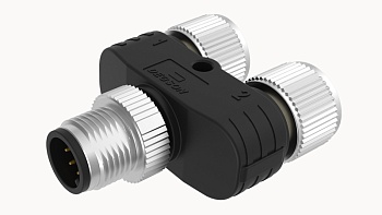 Распред. устройство FY-M12A-05M-M12A-05F-T-0100 - Распределительное устройство, Y-образное, 5 полюсов, 1 вход (вилка) / 2 выхода (розетка), M12, A-Code, 4A, 60V, пластик