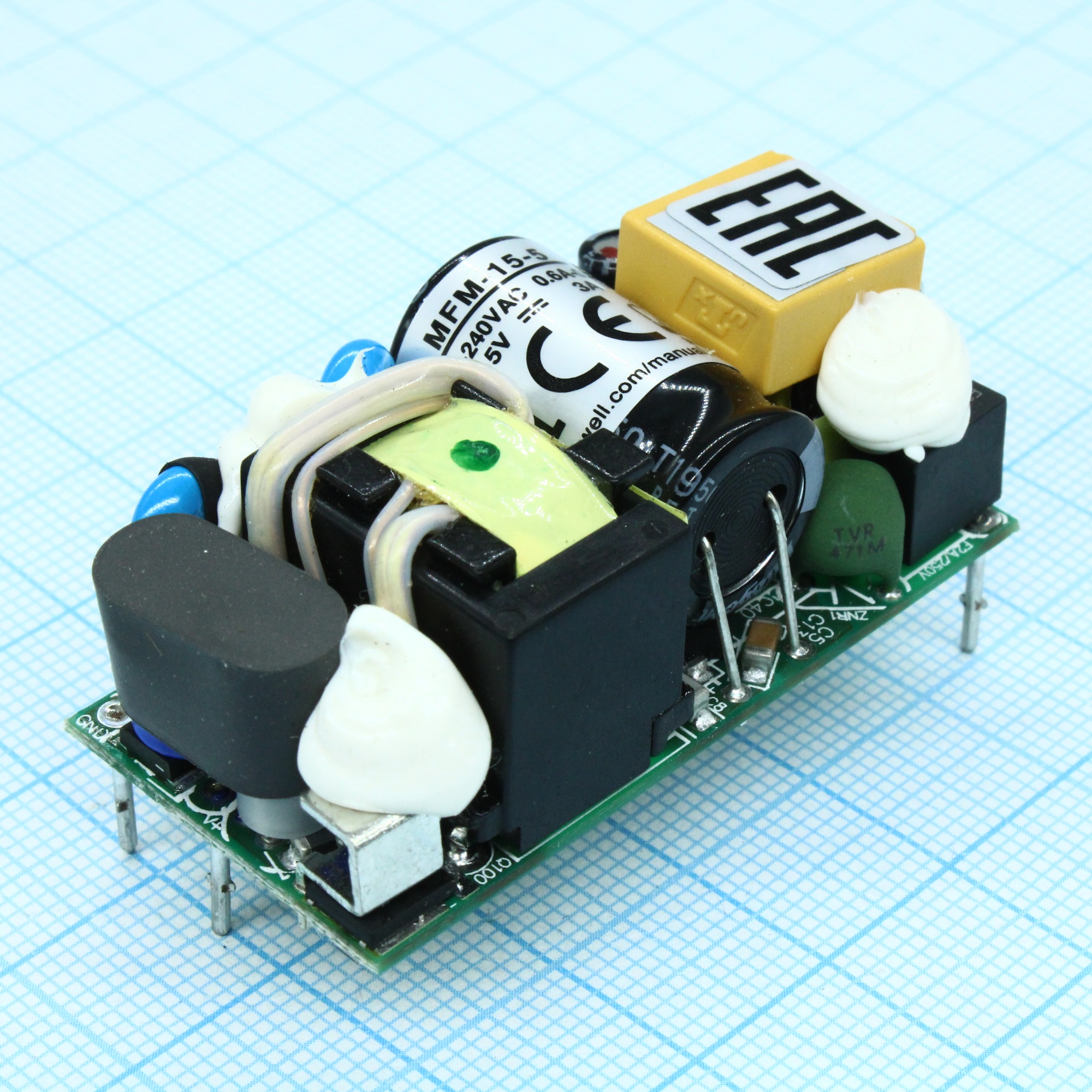 MFM-15-5 - AC-DC med, 15Вт, вход 80...264В AC 47...440 Гц, выход 5В/3А, изоляция 4000В AC, на плате 49х23.8х23мм, -35...+85°C