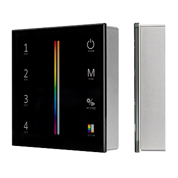 Панель Sens SMART-P55-MULTI Black (3V, 4 зоны, 2.4G) 028310 - Накладная сенсорная панель 2.4 ГГц, цвет чёрный. Материал - стекло. Для управления RGB+MIX (5-канальными) источниками света (ШИМ), 4 зоны управления. Питание/рабочее напряжение 3VDC от 2xAAA. Г