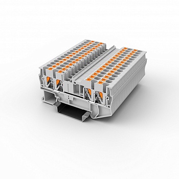 Проходная клемма UPT-2.5/2-2-GY - Проходная клемма, 4 точки подключения, тип фиксации провода: Push-in, номинальное сечение: 2,5 мм кв., 800V, 24A, ширина: 5,2 мм, цвет: серый, тип монтажа: DIN35