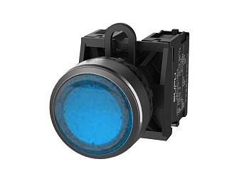 Кнопка плоская (синяя) TS2011-0AL40 - Кнопка круглая плоская, с блокировкой, с подсветкой, пластиковое переднее кольцо, без контактной группы, диаметр головки кнопки 29,5 мм, диаметр посадочного отверстия: 22 мм, цвет: синий