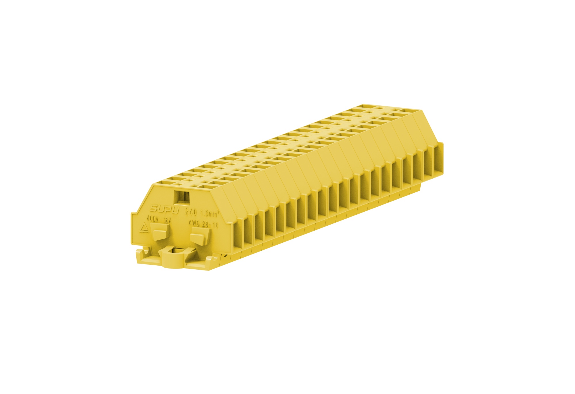 Клемма мини 240305 - Мини клемма, боковой подвод кабеля, 2 точки подключения в клемме, тип фиксации провода: пружинный, номинальное сечение: 1,5 мм кв., 18A, 400V, цвет: желтый, тип монтажа: монтажные фланцы