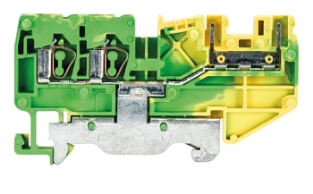 Клемма WKF 2.5 D2/8113 SL/35 - Заземляющая клемма, для подключения разъема 8113, тип фиксации провода: пружинный, номинальное сечение: 2,5 мм кв., 250V, ширина: 5 мм, цвет: желто-зеленый, тип монтажа: DIN 35