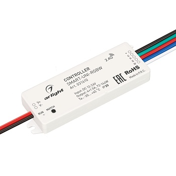 Контроллер SMART-UNI-RGBW (12-24V, 4x1.5A, 2.4G) 031610 - Контроллер для мультицветной (RGBW) светодиодной ленты (ШИМ). Питание/рабочее напряжение 12-24VDC, максимальный ток 1.5A на канал, 4 канала, максимальная мощность 72-144W. Корпус - PVC. Габариты 64