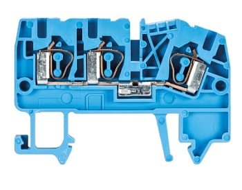 Клемма сдв. WKF 2.5 D1/2/35 BLAU - Проходная клемма, 3 точки подключения, тип фиксации провода: пружинный, номинальное сечение: 2,5 мм кв., 24A, 800V, ширина: 5 мм, цвет: синий, тип монтажа: DIN 35