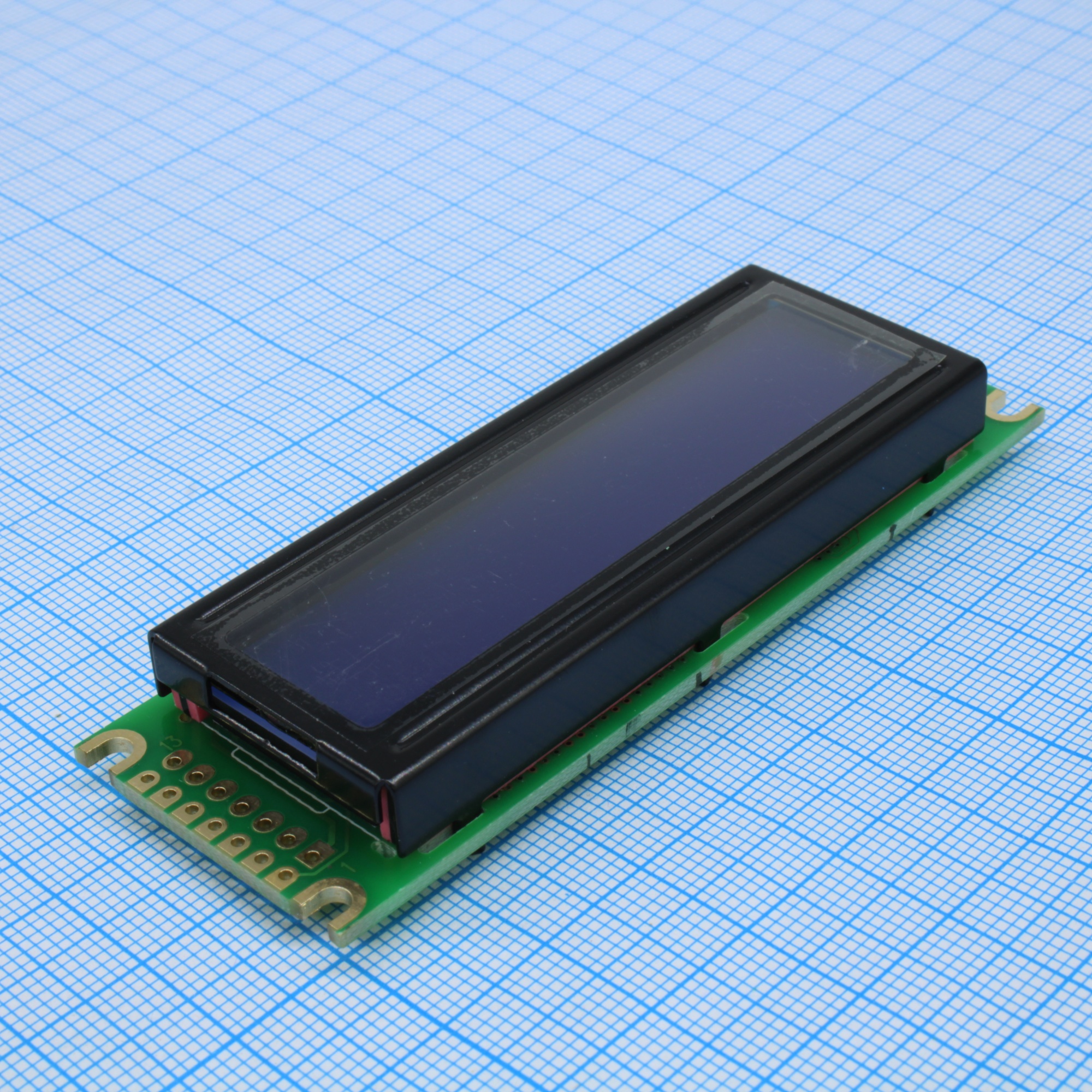 HTM1602-10-25W-T5P - ЖКИ знакосинтезирующий 16 x 2, STN Синий негативный/прозрачный светодиодная подсветка Белая, размеры 85x30 мм, видимая область 64.5x15.8 мм, -20...70°C, 6 o`clock