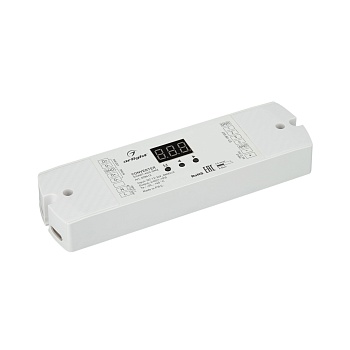 Конвертер SMART-K40-DMX (12-24V, 0/1-10V) 028413 - Конвертер сигнала DMX512 в 0/1-10V. Вход - DMX512, выход 0-10V и 1-10V (по выбору), напряжение питания DC 12-24V. На выходе 4 канала, ток нагрузки 20мА на канал. На корпусе цифровой монитор. Габариты 170х
