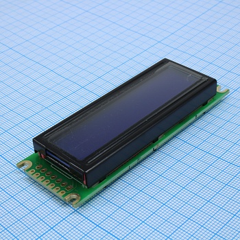 HTM1602-10-25W-T5P - ЖКИ знакосинтезирующий 16 x 2, STN Синий негативный/прозрачный светодиодная подсветка Белая, размеры 85x30 мм, видимая область 64.5x15.8 мм, -20...70°C, 6 o`clock