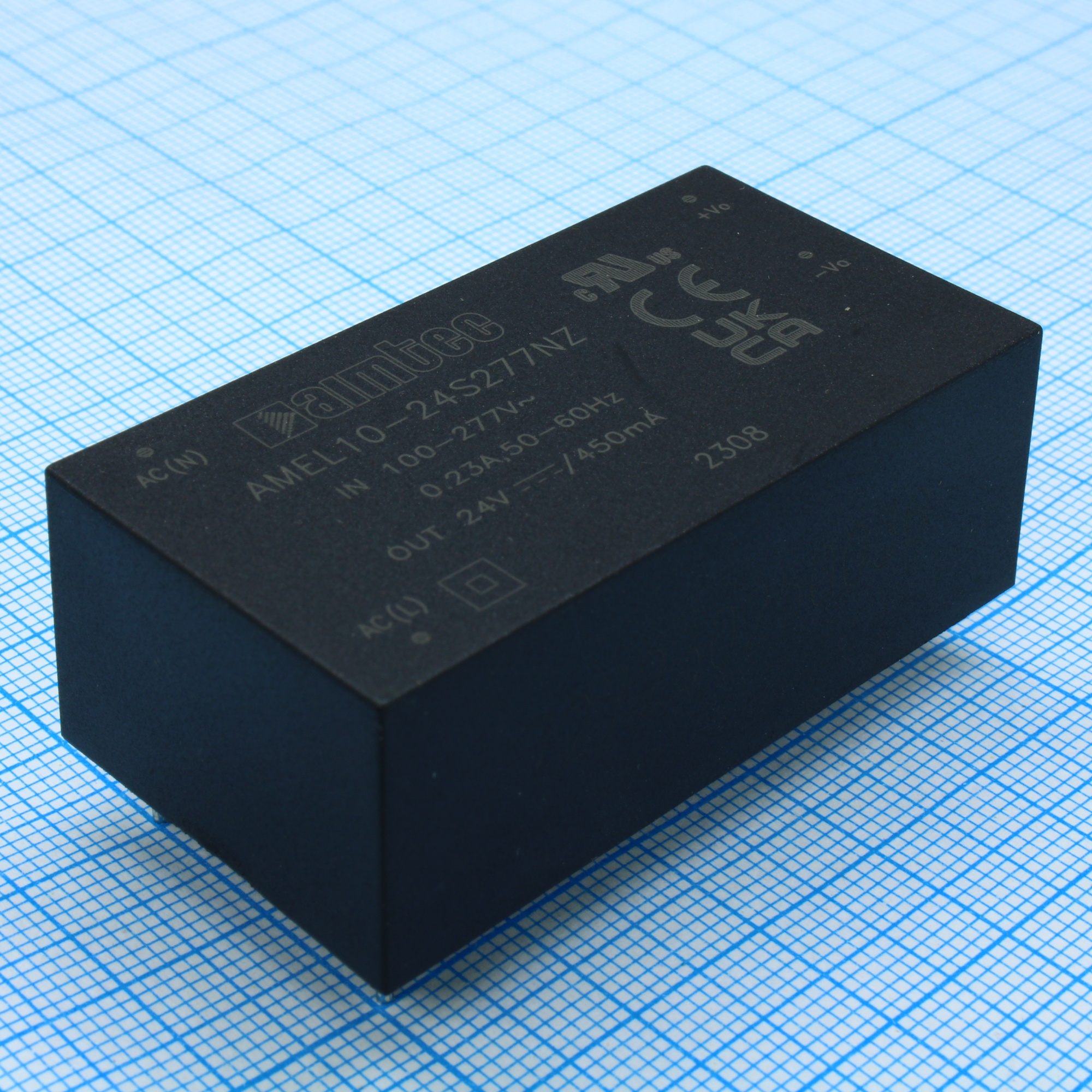 AMEL10-24S277NZ - AC/DC, 10Вт, вход 85…305В, выход 24В/0.45А, изоляция 4000В AC, КПД 82%, максимальная емкостная нагрузка не более 470мкФ, 56.8x28.8x19мм, -40…70°C, пластик