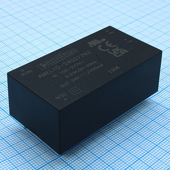 AMEL10-24S277NZ - AC/DC, 10Вт, вход 85…305В, выход 24В/0.45А, изоляция 4000В AC, КПД 82%, максимальная емкостная нагрузка не более 470мкФ, 56.8x28.8x19мм, -40…70°C, пластик