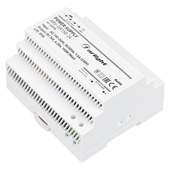 Блок питания ARV-DR150-24 (24V, 6.25A, 150W) 035700 - Источник напряжения с гальванической развязкой для светодиодных изделий. Входное напряжение 100-240 VAC. Выходные параметры: 24 В, 6.25 А, 150 Вт. Негерметичный пластиковый корпус IP 20 для установки н