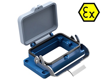 Открытое основание разъема EX 70.325.4828.9 - Основание разъема на панель, открытое, типоразмер 48B, взрывозащищита, с уплотнителем, с одной защелкой, с защитной крышкой, материал корпуса: цинковый сплав