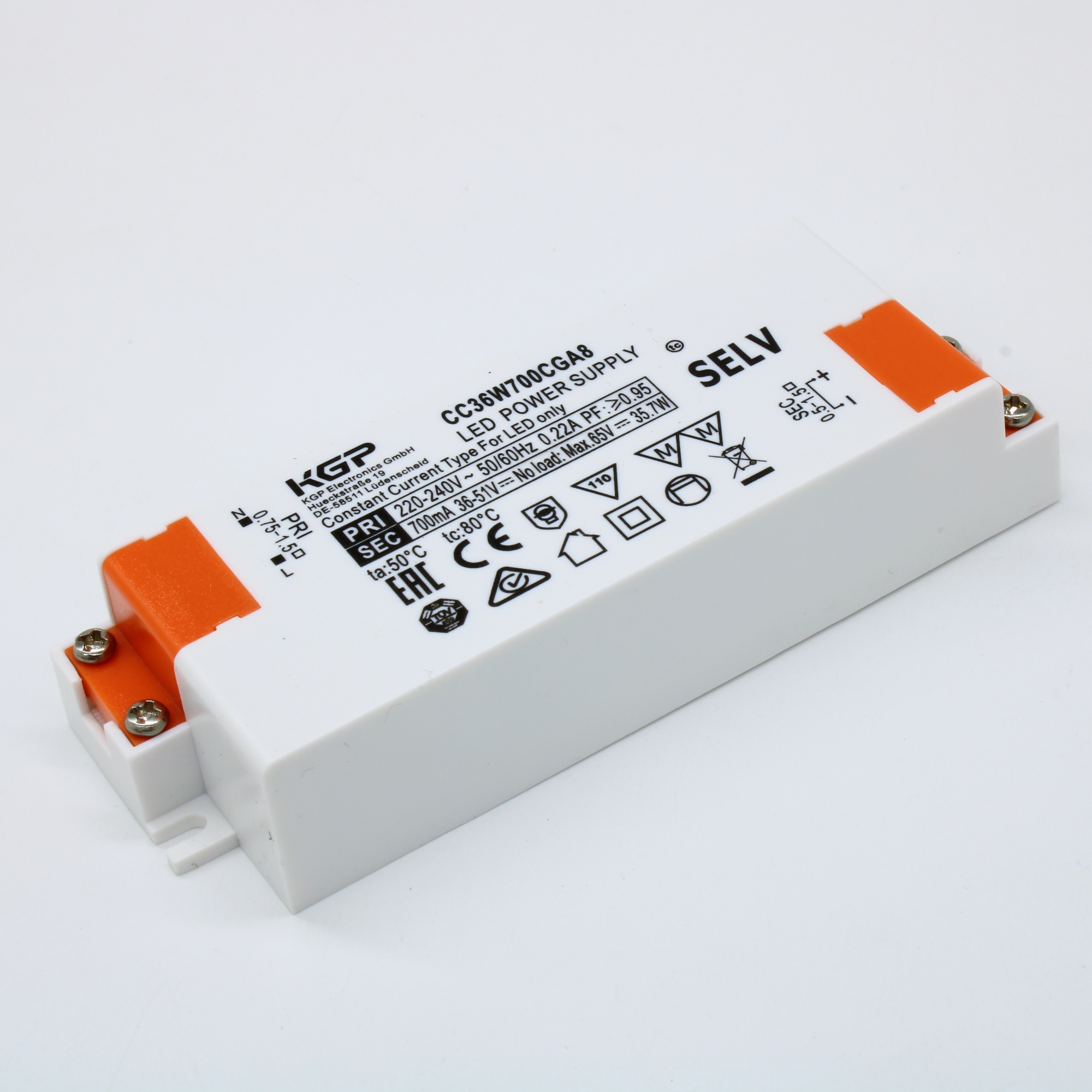 CC36W700CGA8 - AC-DC, 36Вт, токовый выход, вход 198…264В AC, выход 700мА/36…51В, ККМ, в кожухе 118х42,5х24мм, -20…+50°С