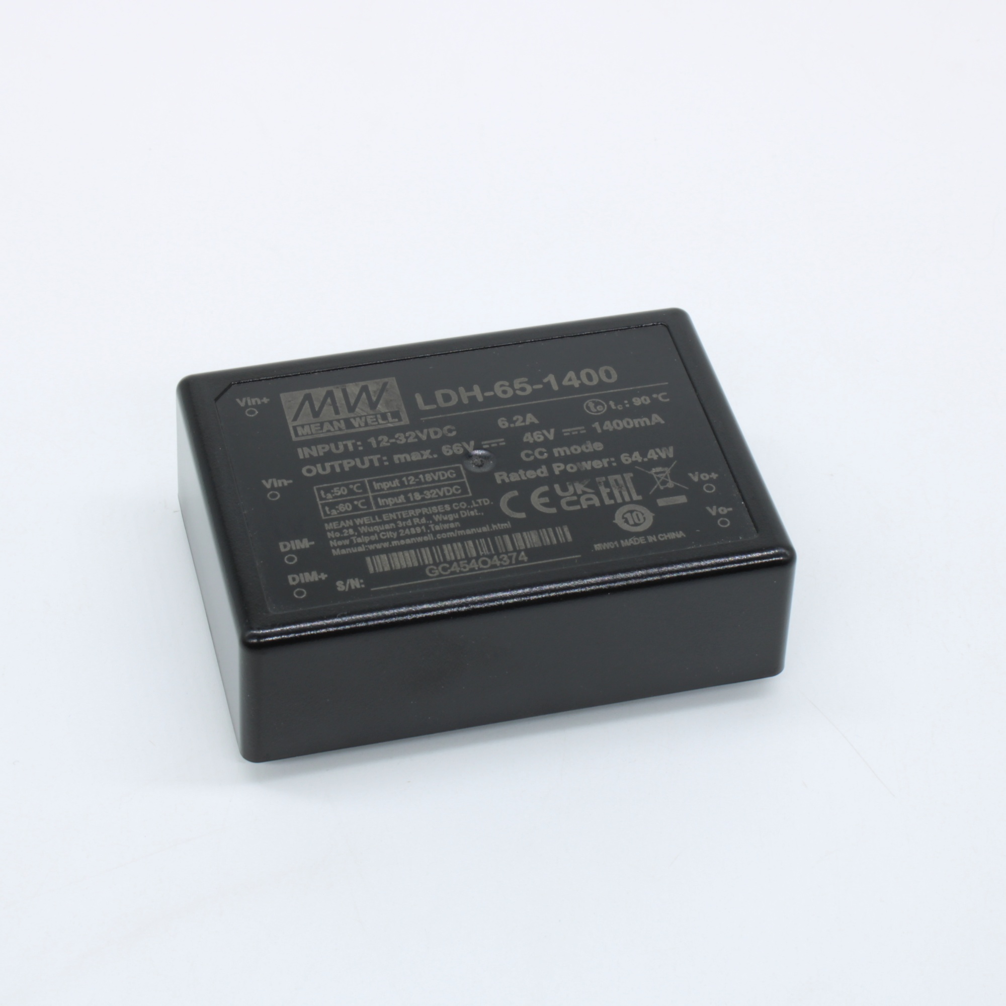 LDH-65-1400 - DC/DC LED повышающий, вход 9.5…32В, выход 12.5…46В/1.4А, КПД до 95%, DIMM, 75x53x22.7мм, DIP, -40…50/60°C, пластик