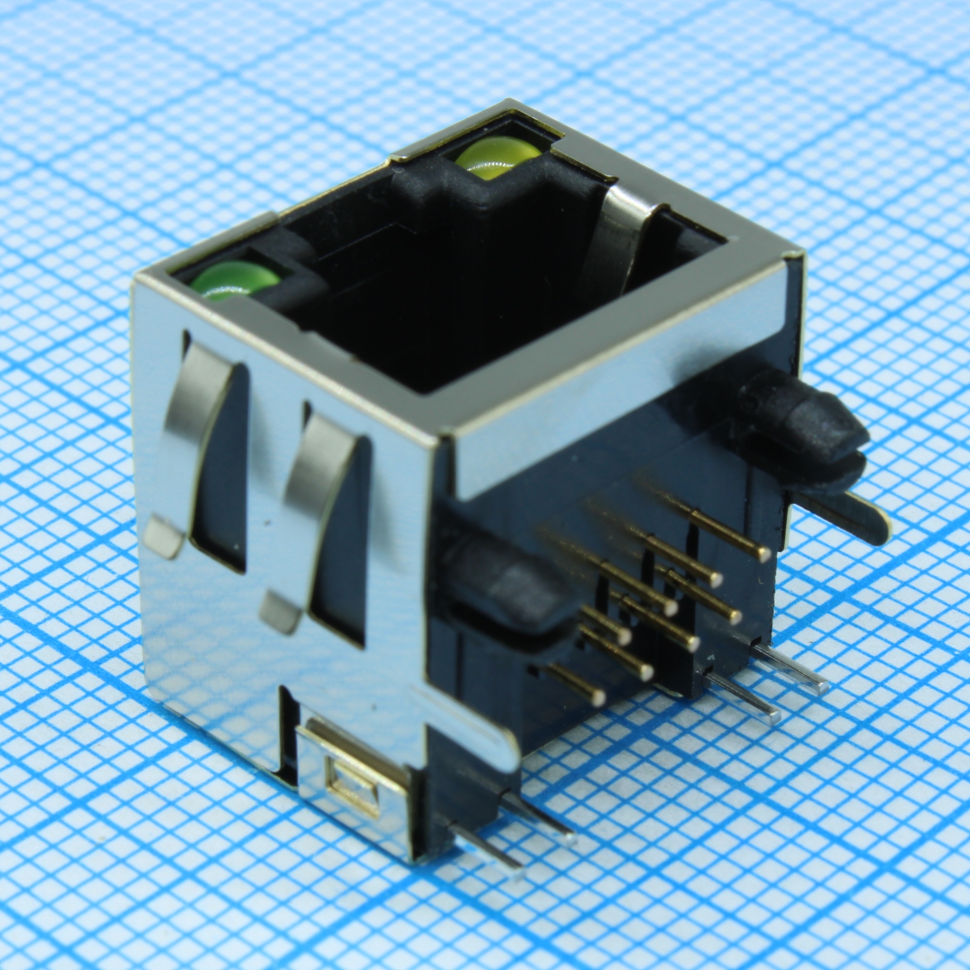L-KLS12-108-8P8C-1X1-2-G/Y-0-05 - Розетка 8P8C (RJ45) со светодиодами угловая монтаж в отверстие