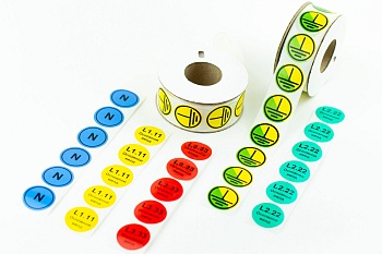 Маркировка круглая NPP-15/2-R - Маркировочная наклейка, для токоведущих шин и электрооборудования, диаметр 15 мм, цвет красный, Наклеек в ряду - 2, для принтера: RT200, RT230, в упаковке 3600 наклеек