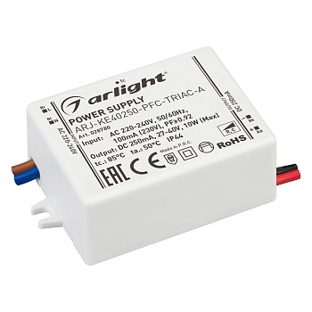 Блок питания ARJ-KE40250-PFC-TRIAC-A (10W, 250mA) 028780 - Диммируемый источник тока по стандарту TRIAC с гальванической развязкой для светильников и мощных светодиодов. Входное напряжение 220-240 VAC. Выходные параметры: 27-40 В, 250 mА, 10 Вт. Встроенны