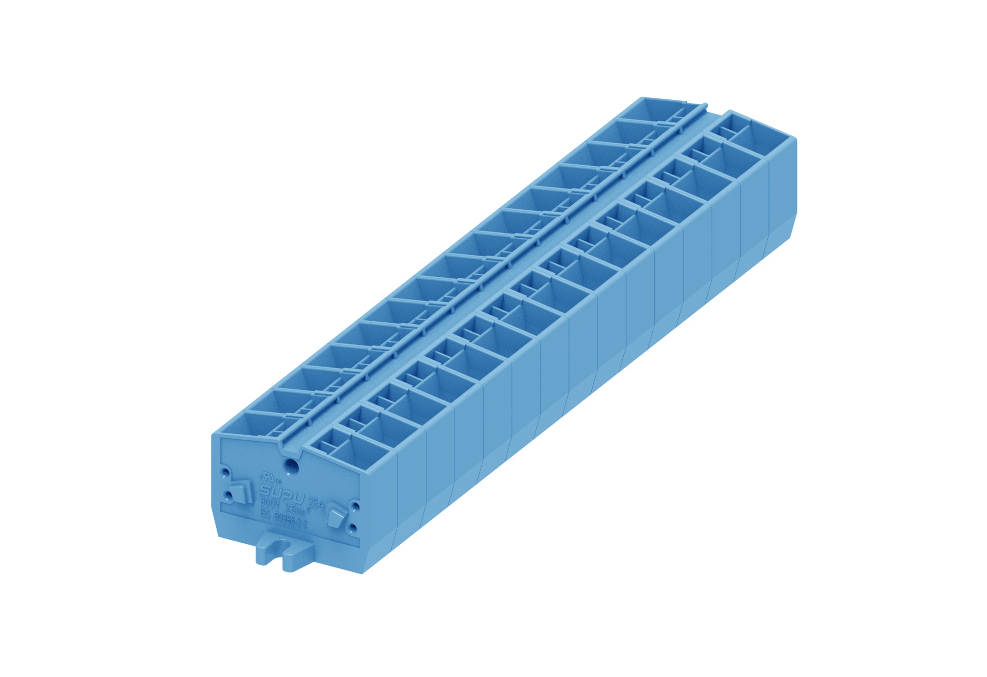 Клемма мини 254334 - Мини клемма, верхний подвод кабеля, 4 точки подключения в клемме, тип фиксации провода: пружинный, номинальное сечение: 2,5 мм кв., 24A, 800V, цвет: синий, тип монтажа: монтажные фланцы