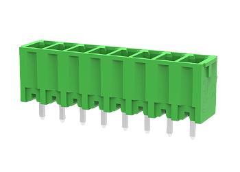 Вилочный разъем на плату MC-PA3.5V02-0001 - Вилочный разъем, вертикальный, на плату, шаг: 3.5 мм, 2 полюса, фиксация на плате пайкой, исполнение: стандартное, 160V, 8A, цвет: зеленый