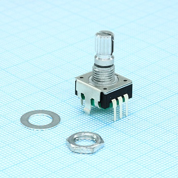PEC11R-4215K-S0024 - Энкодер PEC11, 24 щелчка, 24 импульса, металлический вал с насечкой 15мм, с кнопкой, горизонтальные выводы,крепление на гайку 7мм