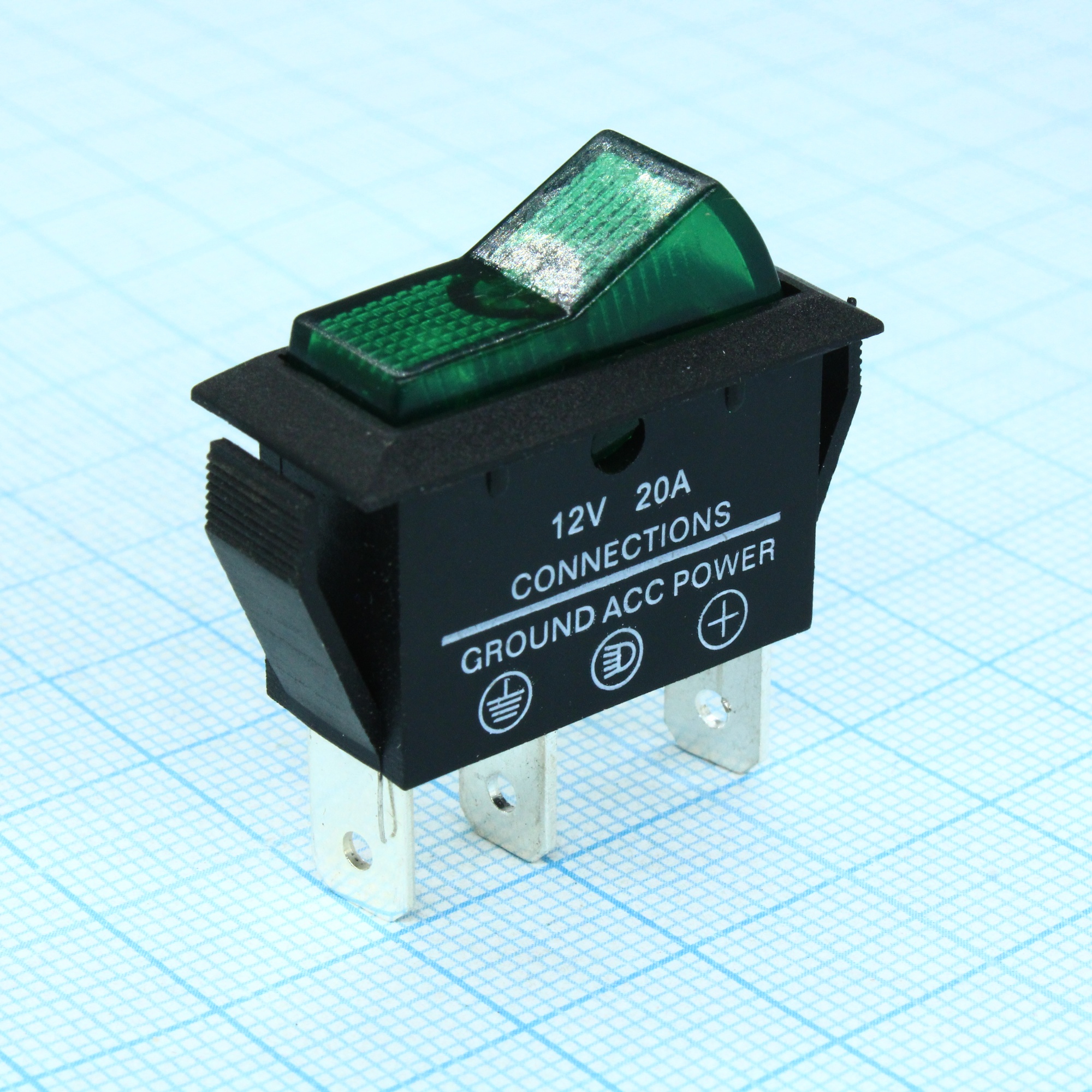 ASW-09D/G - Переключатель с подсветкой ON-OFF (20A 12В) SPST 3 вывода зеленый