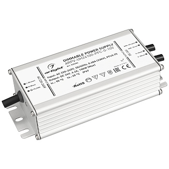 Блок питания ARPV-UH24100-PFC-0-10V (24V, 4.2A, 100W) 030284 - Диммируемый источник напряжения по стандарту 0-10 В с гальванической развязкой для светодиодных изделий. Входное напряжение 220-240 VAC. Выходные параметры: 24 В, 4.2 А, 100 Вт. Встроенный PFC