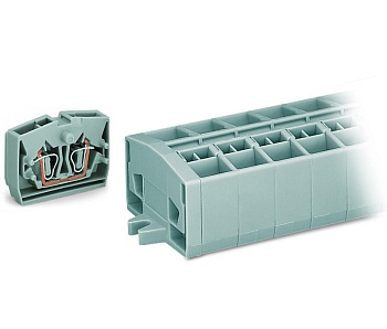 Клеммный блок 254210 - Клеммный блок, верхний подвод кабеля, 10 клемм в сборке, по 4 точки подключения в клемме, тип фиксации провода: пружинный, номинальное сечение: 2,5 мм кв., 24A, 800V, цвет: серый, тип монтажа: монтажные фланцы