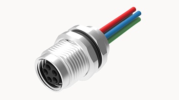 Розеточный разъем SD-M8A-04P-FF-SF7A50 - Розеточный разъем в панель, 4 полюса, M8, гайка спереди, с проводом, A-Code, сечение проводовников: 0.25 мм кв., (цвет проводовников: коричневый, белый, синий, черный), 3А, 60V, M10*0.75, металл