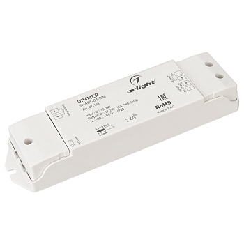 Диммер SMART-D9-DIM (12-24V, 1x15A, 2.4G) 027133 - Диммер для монохромной светодиодной ленты (ШИМ). Питание/рабочее напряжение 12-24VDC, максимальный ток 15A на канал, 1 канал, максимальная мощность 180-360W. Винтовые клеммы. Корпус - PVC. Габариты 175x45