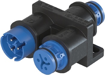 Разветвитель RST08I3 - Распределительное устройство (тройник), 1 вход/2 выхода, IP68(69k), 3 полюса, параллельное соединение, с продольным уплотнением, с монтажными фланцами, цвет: голубой, номинальные характеристики: 250V/400V 16A, серия gesis RST MICRO