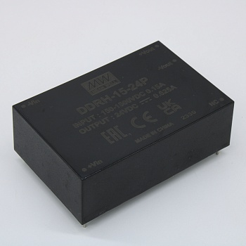 DDRH-15-24P - Преобразователь DC/DC, 15Вт, вход 150…1500 В DC, выход 24В/0.625А, КПД=88%, изоляция 4000В DC, максимальная емкостная нагрузка 625мкФ, 76.2х50.8х25мм, -40...+85°С, в плату