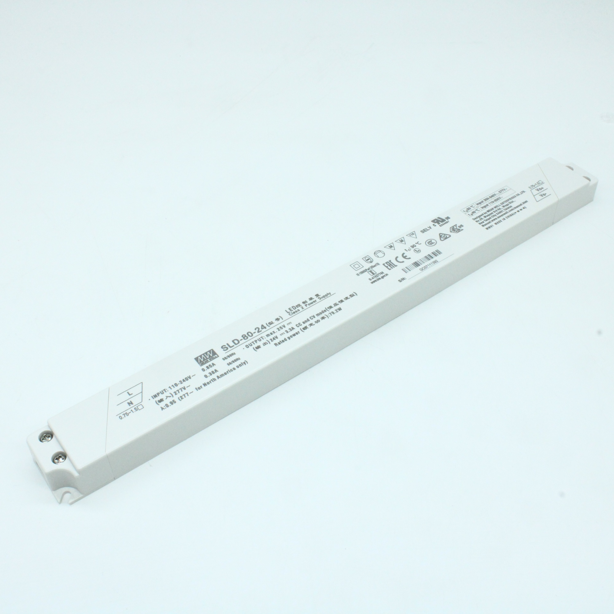 SLD-80-24 - AC-DC, 79.2Вт, вход 110…305В AC, 47…63Гц/155…431В DC, ККМ, 24В/3.3А, изоляция 3750В AC, в кожухе 320х30х16.8, -20…+90°С (корпус)