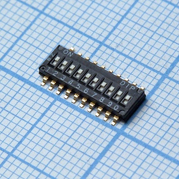 DHN-10F-V - Движковый переключатель 10 группы SMD монтаж 1.27мм 25мА 24В положение ВЫКЛ