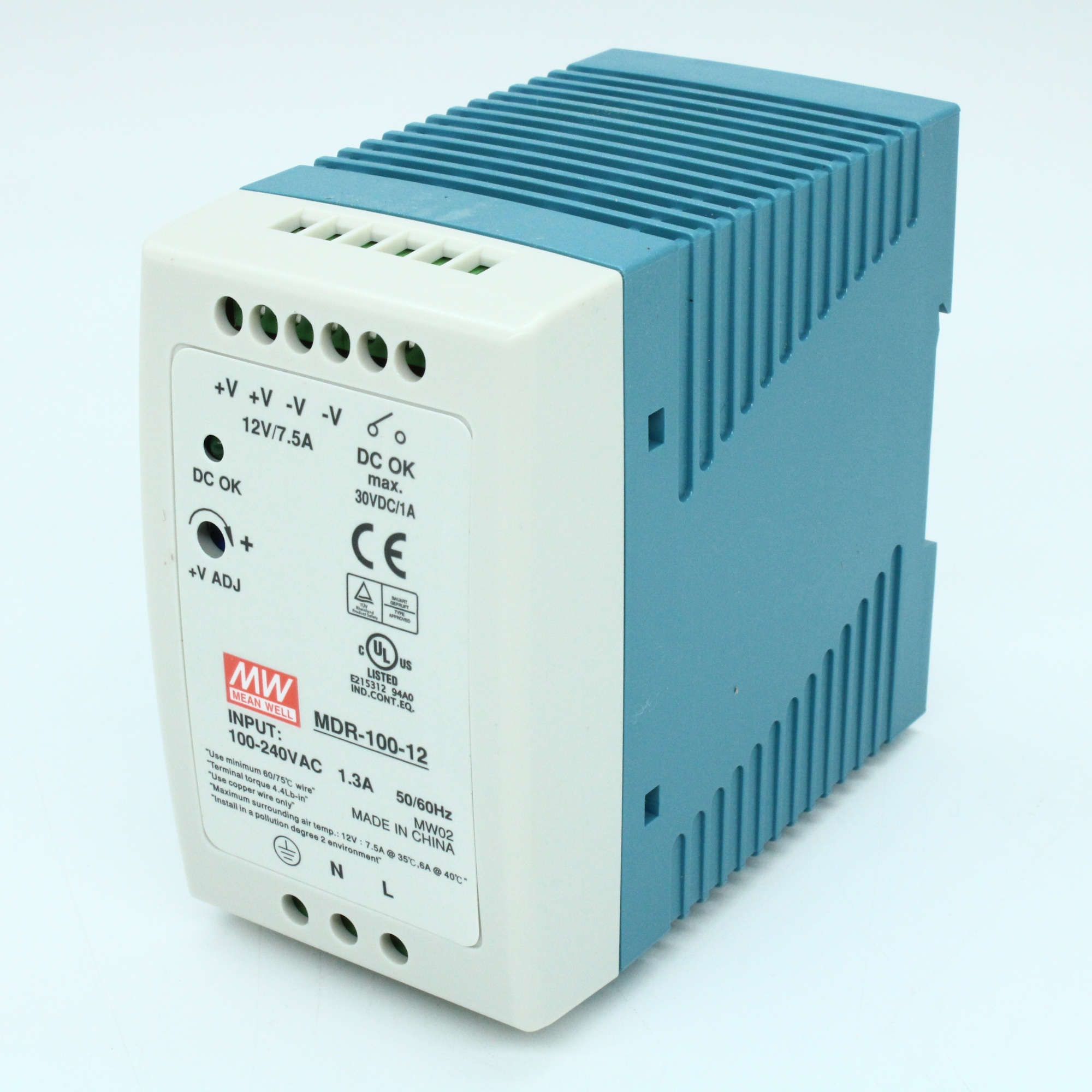 MDR-100-12 - Преобразователь AC-DC на DIN-рейку  100Вт, выход 12В/8A, рег. вых 12…15В, вход 85…264V AC, 47…63Гц /120…370В DC, изоляция 3000В AC, в кожухе  55х90х100мм, -10…+60°С.
