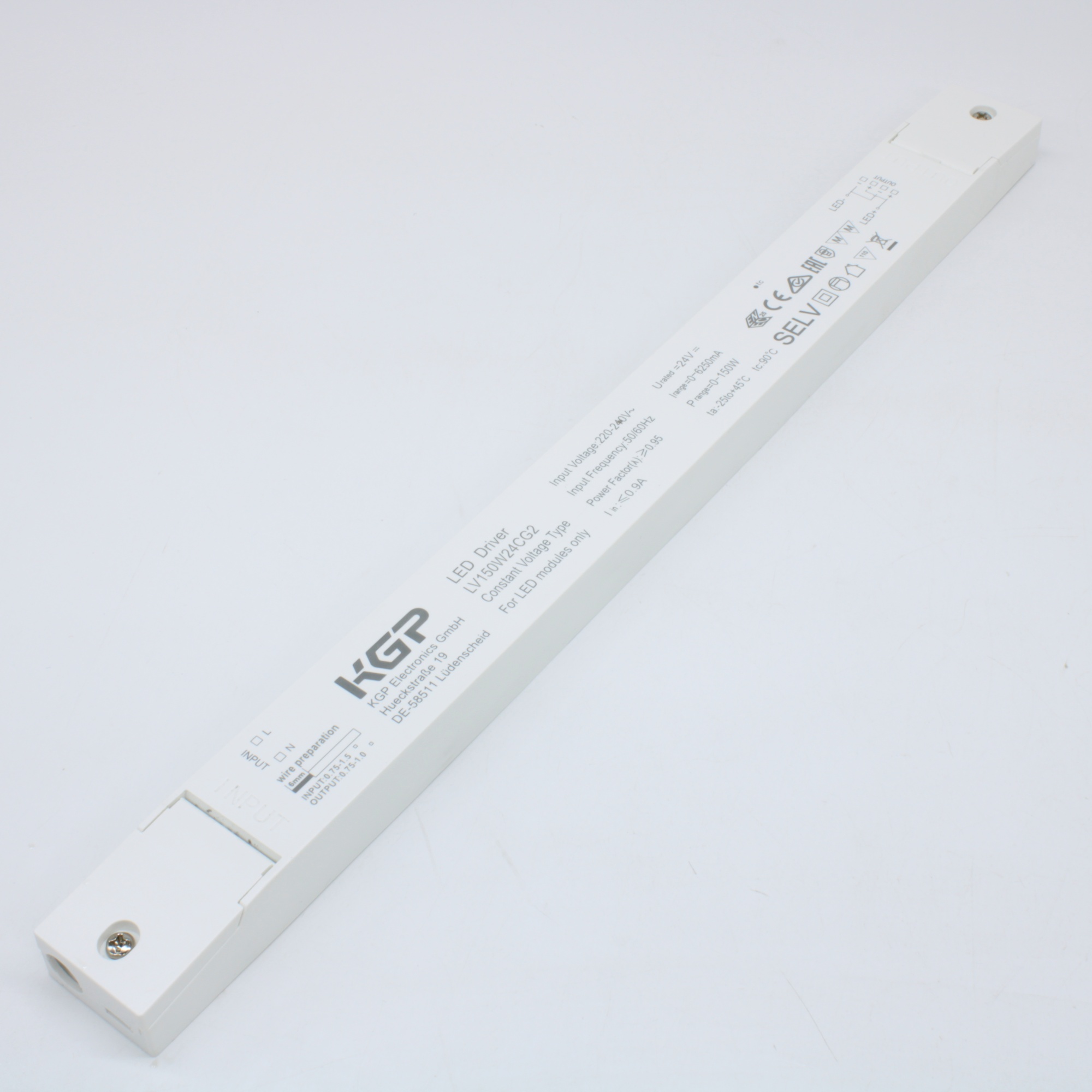 LV150W24CG2 - Преобразователь AC-DC, 150Вт, IP20, вход 176…264В AC, 47…63Гц/175…280В DC, выход 24В/0…6.25А, изоляция 3000В AC, пластиковый корпус + компаунд 350х30х18мм, -25…+45°С