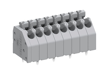 Клемма на плату 250208 - Клемма, вертикальный подвод кабеля, на плату, шаг: 3.5 мм, 8 полюсов, фиксация провода push-in, исполнение: выводы на плату в шахматном порядке, 320V, 8A, цвет: серый