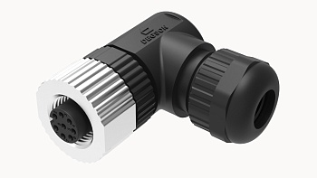 Розеточный разъем PB-M12A-03P-FF-SR7001 - Розеточный разъем на кабель, 3 полюса, M12, угловой, винтовая фиксация провода, A-Code, диаметр кабеля: 4,0-8,0 мм, сечение: 0,25 - 0,52 мм кв., 4А, 250V, корпус из пластика, резьбовой фиксатор разъемного соединен