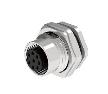 Розеточный разъем в панель M12A04C-FPSRHUR - Розеточный разъем в панель, 4 полюса, M12, гайка спереди, вывод под пайку, A-Code, 4А, 250V, резьба на гайке M16*1.5, резьбовое соединение: латунь, неэкранированный