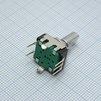 PEC11R-4015F-S0024 - Энкодер PEC11, без щелчков, 24 импульса, металлический вал с лыской 15мм, с кнопкой, горизонтальные выводы,крепление на гайку 7мм