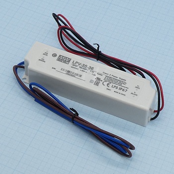 LPV-35-36 - AC-DC, 35Вт, IP67, вход 90…264В AC, выход 36В/1А,изоляция 3000В AC, в кожухе 148х40х30мм, -30…+75°С