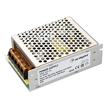 Блок питания ARS-60-24 (24V, 2.5A, 60W) 026153 - Источник напряжения с гальванической развязкой для светодиодных изделий. Входное напряжение 185-264 VAC. Выходные параметры: 24 В, 2,5 А, 60 Вт. Встроенный PFC >0,5. Негерметичный алюминиевый сетчатый корпу