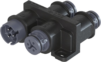 Разветвитель RST08i3VL3P1HF V L SG - Распределительное устройство (тройник), 1 вход/3 выхода, IP68(69k), 3 полюса, параллельное соединение, с продольным уплотнением, с монтажными фланцами, цвет: темно-серый, номинальные характеристики: 250V/400V 16A, сери