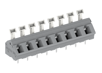 Розеточный разъем на плату 256401-GB - Клемма, подвод кабеля 45 град., на плату, шаг: 7.5 мм, 1 полюс, фиксация провода push-in, исполнение: два вывода на контакт, рычажный зажим, 320V, 24A, цвет: серый