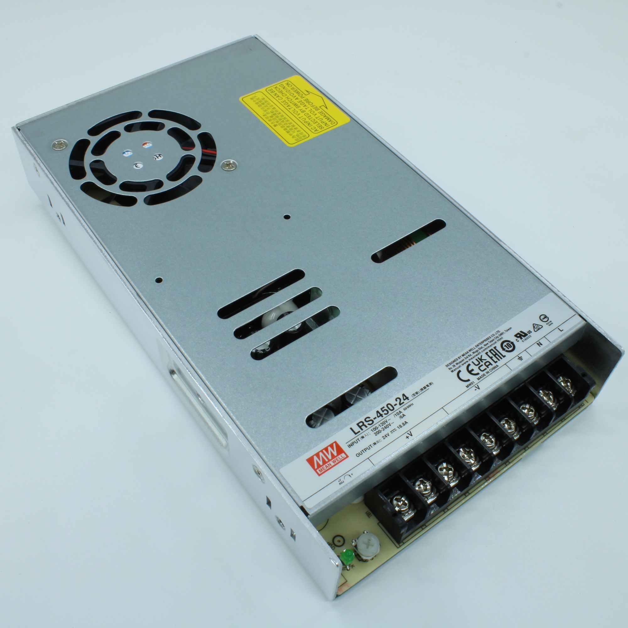 LRS-450-24 - AC-DC, 451.2Вт, вход 90…264В AC (переключатель), 47…63Гц, выход 24В/18.8A, рег.вых=22.8…26.4В, изоляция 3000В AC, в кожухе 225х124х35мм, -25…+70°С